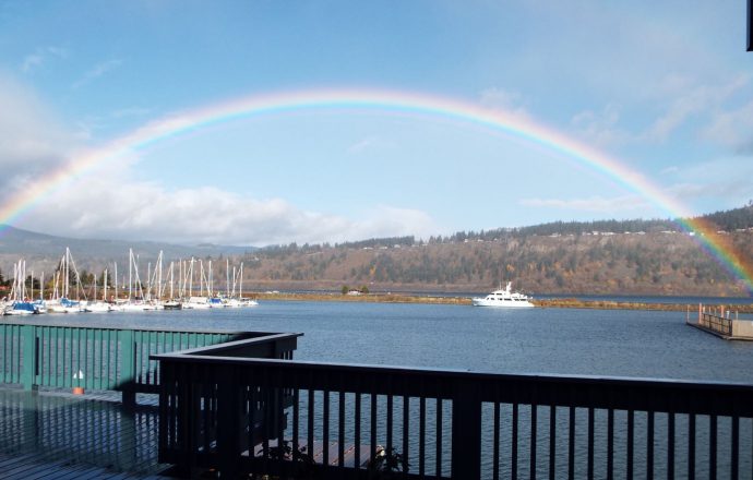 Rainbow over a marina in Hood River
