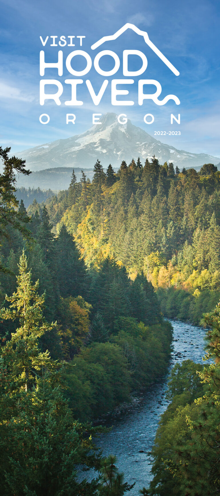 Cover of 2022-2023 Visitor's Guide, Mt Hood with river and forests in the foreground