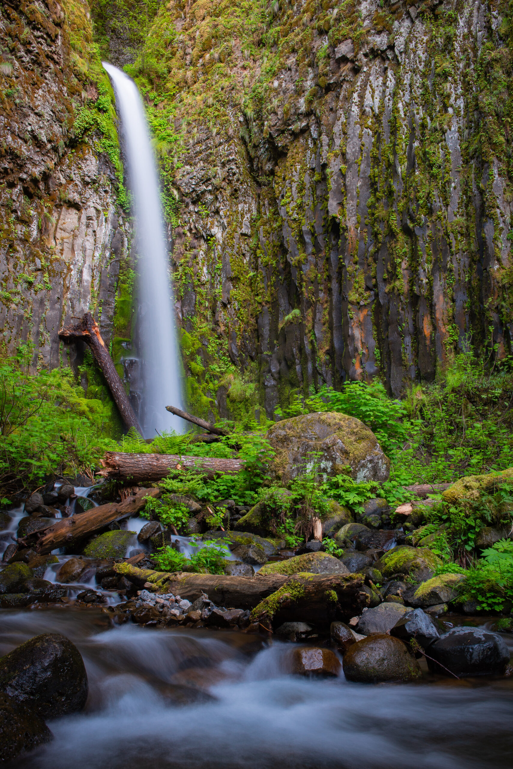 A tall, thin waterfall pouring from moss covered walls into a stream.