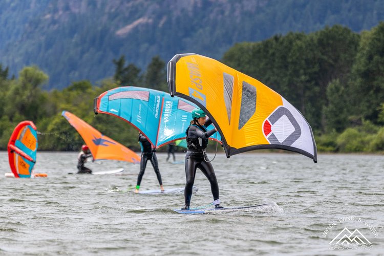 Wing foiling at The Hook in Hood River, OR
