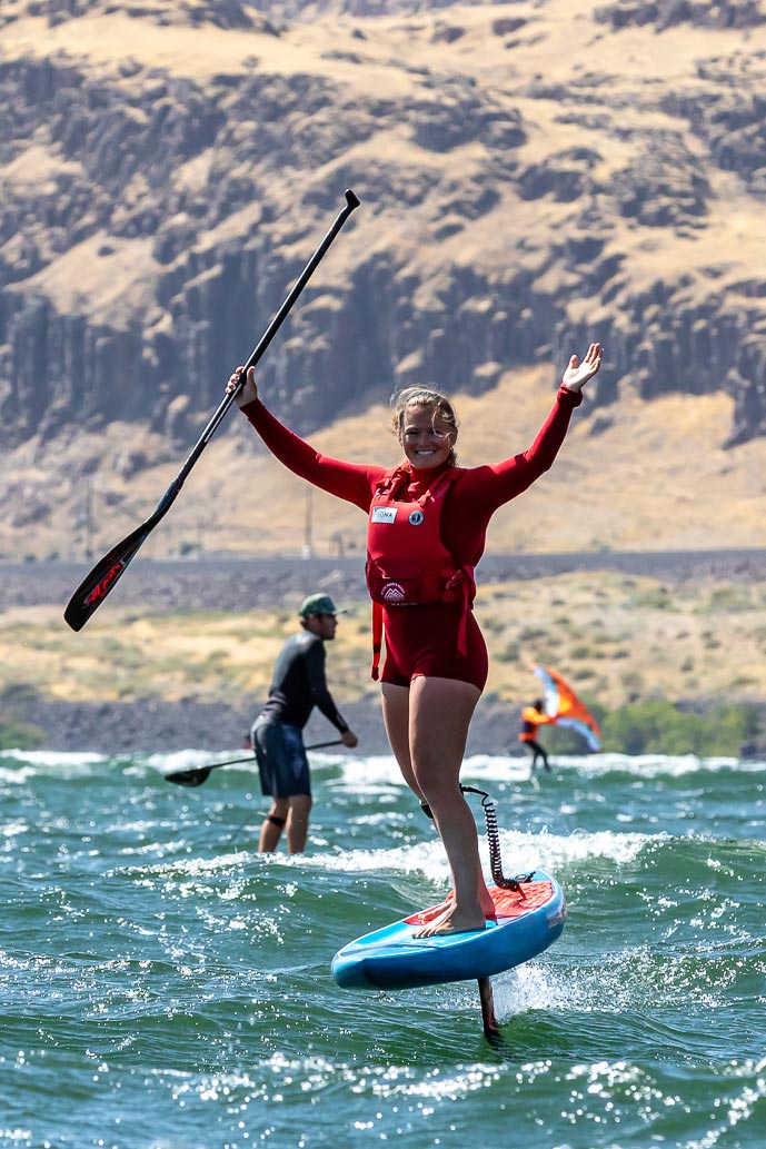 Fiona Wylde SUP foiling on the Columbia River