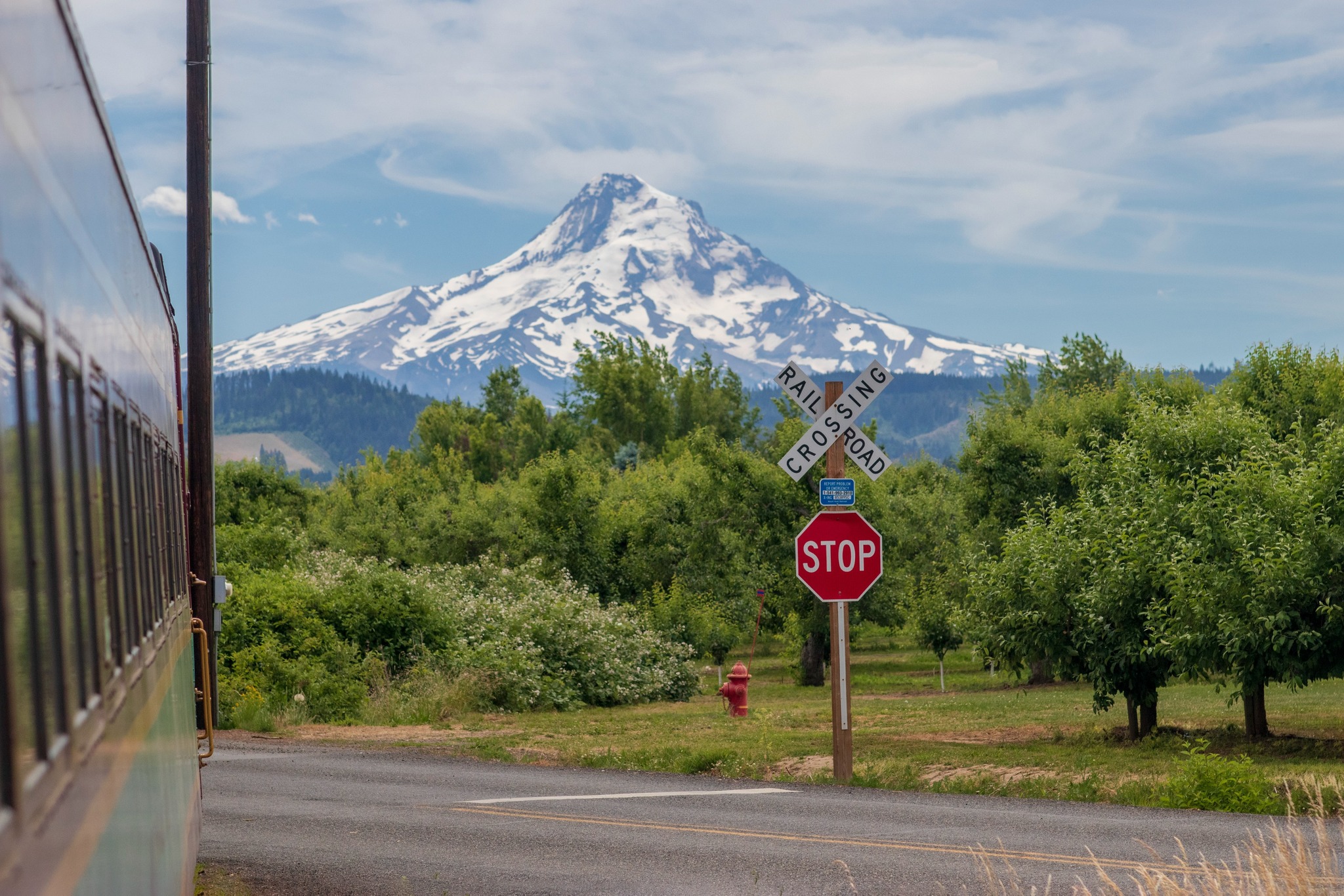 A view of Mt. Hood from the Mount Hood Railroad passenger train