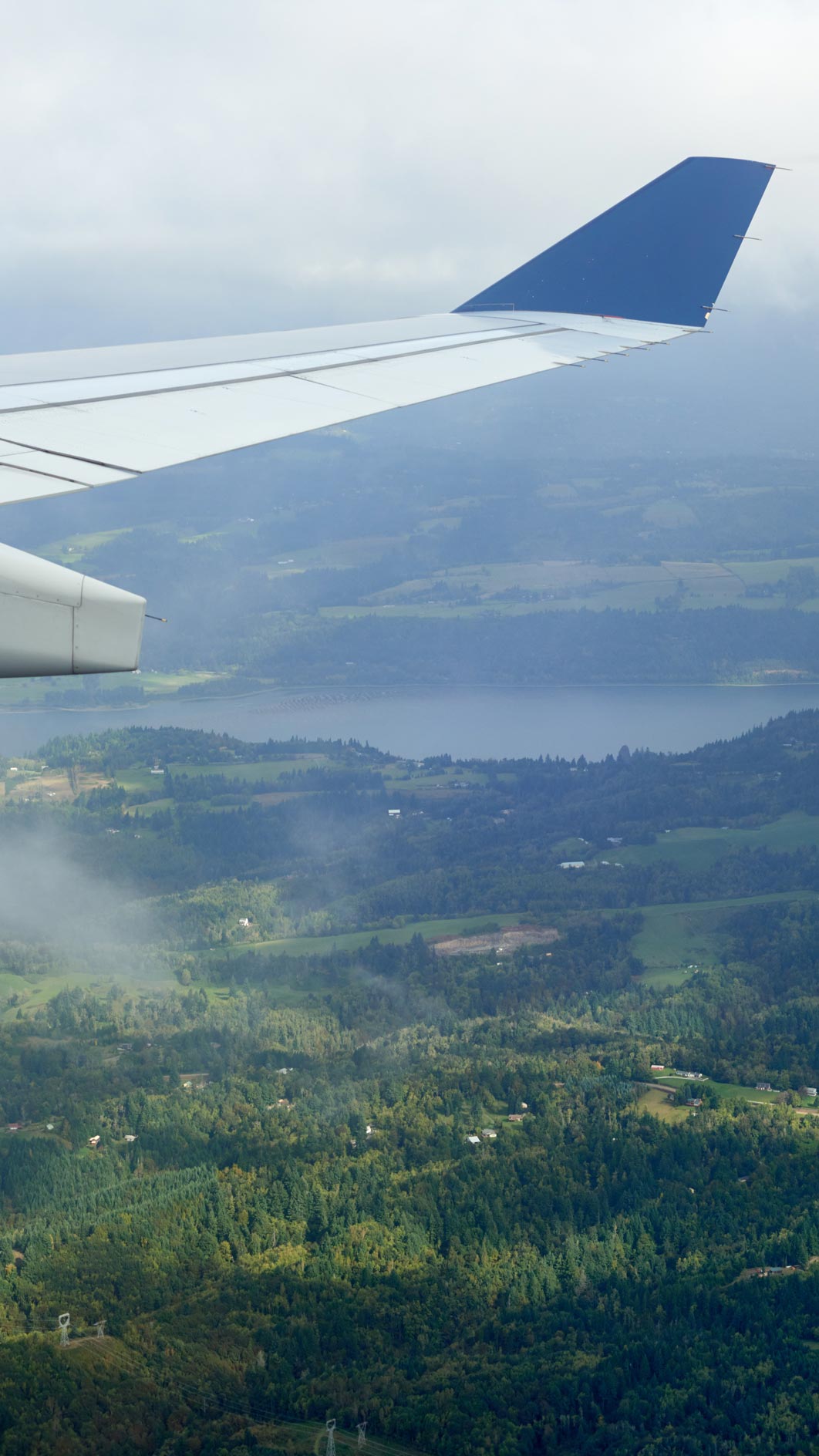 View from an airplane as it approaches Portland International Airport over the Columbia River Gorge